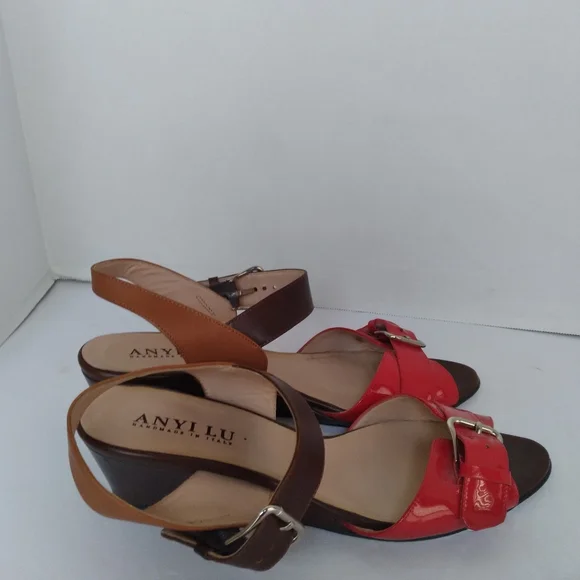 Anyi Lu Red & Brown Leather Ankle Strap Wedge Sandals with Buckle Detail - Picture 4 of 5